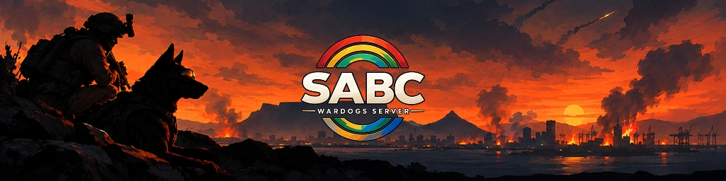 SABC Wardogs Server — soldier and dog silhouetted over a burning Cape Town skyline